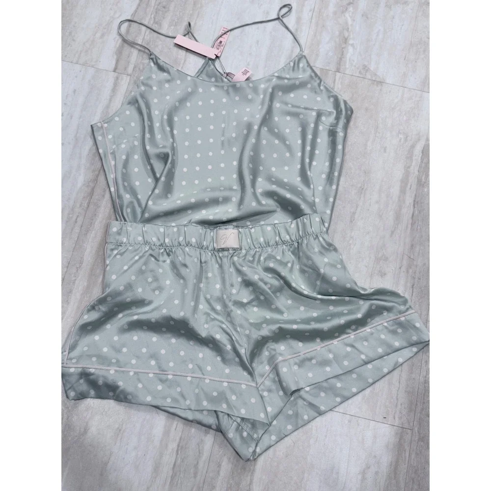 Victoria's Secret Satin Pajama Set Sage Green Polka Dot Cami Shorts XL/L NWT